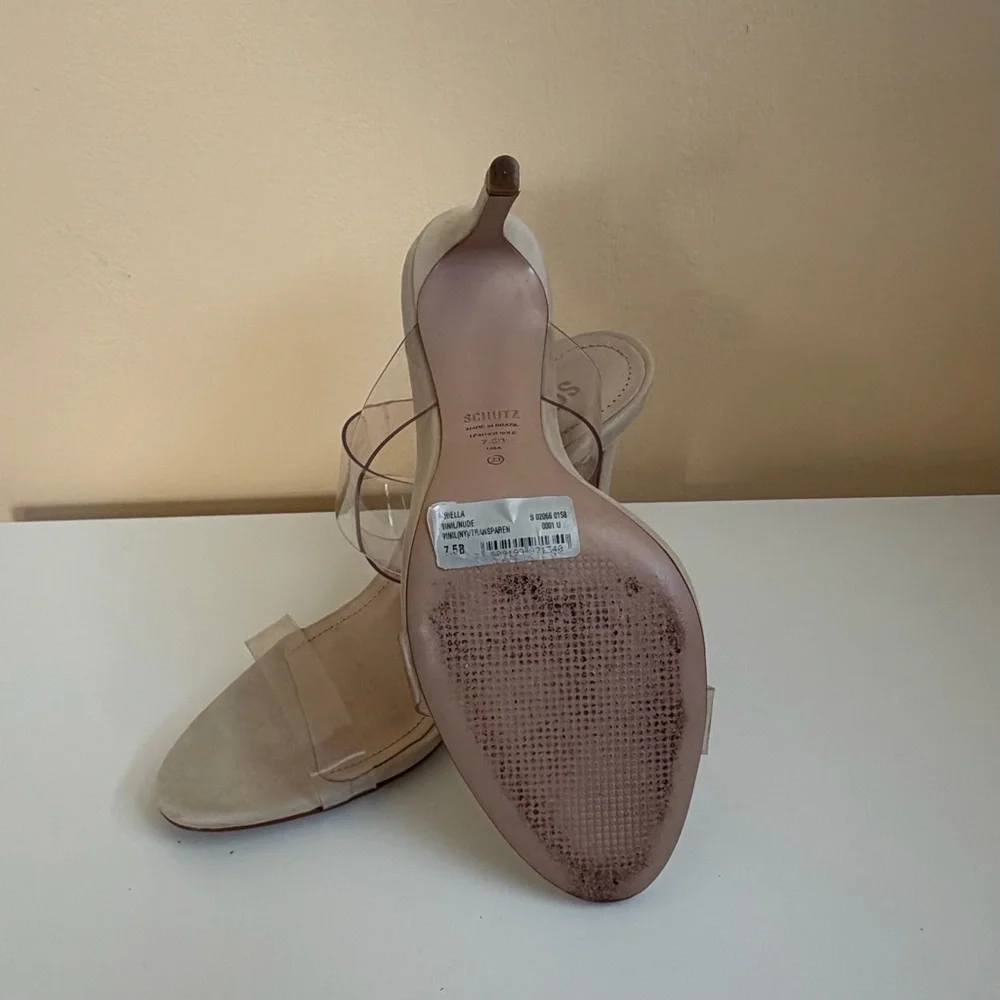 SCHUTZ Clear Vinyl Strappy Nude Stiletto Heels